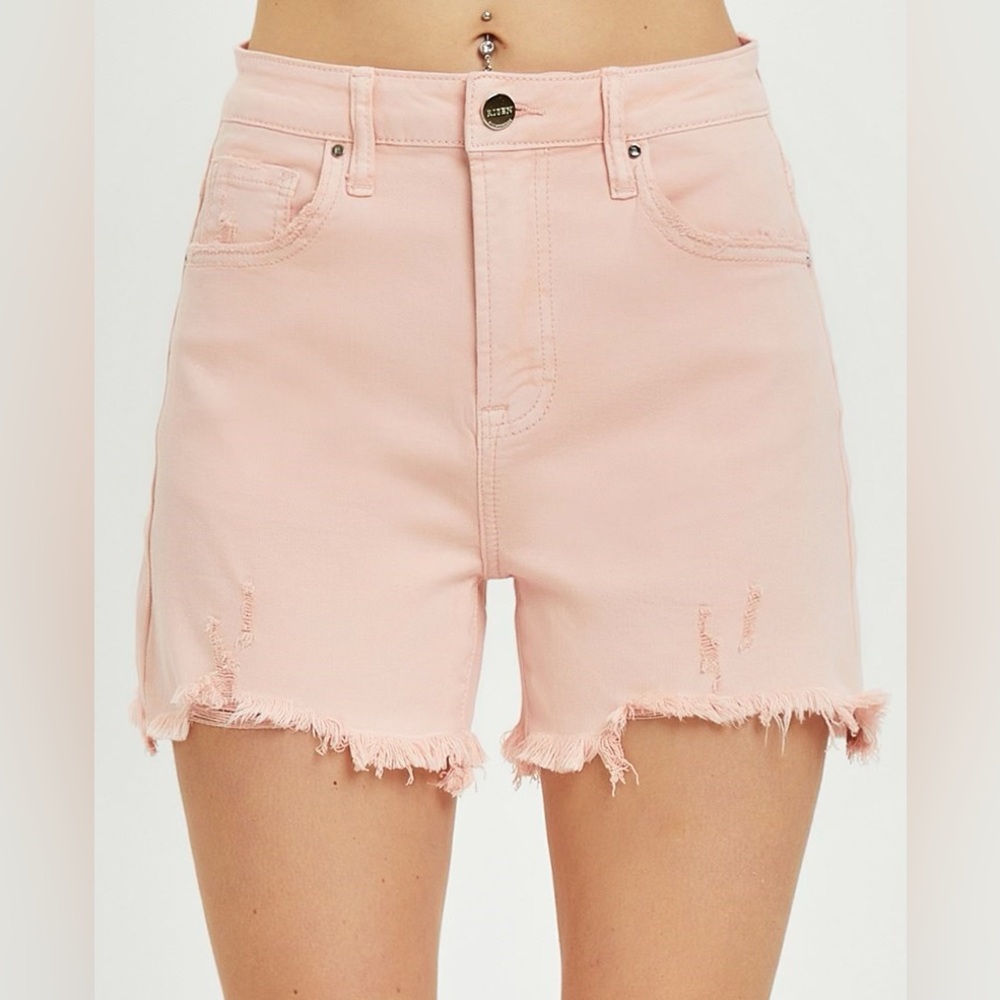 High-Rise Frayed Hem Pink Denim Shorts